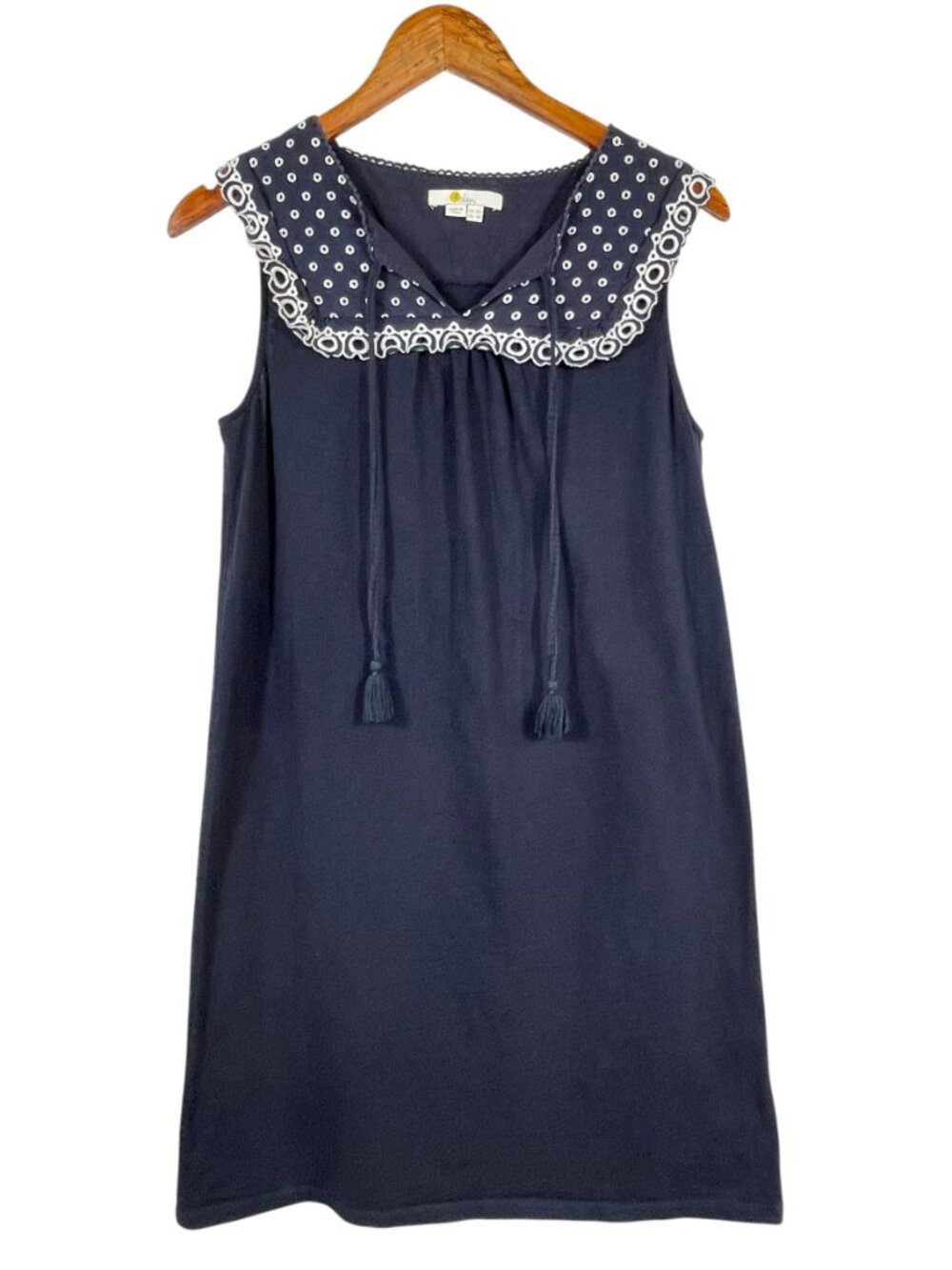 Boden Navy Embroidered Shift Dress Tassel Tie Cotton Blend US 8 - Picture 9 of 9